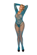 Fishnet and lace long sleeve bodystocking with open crotch.